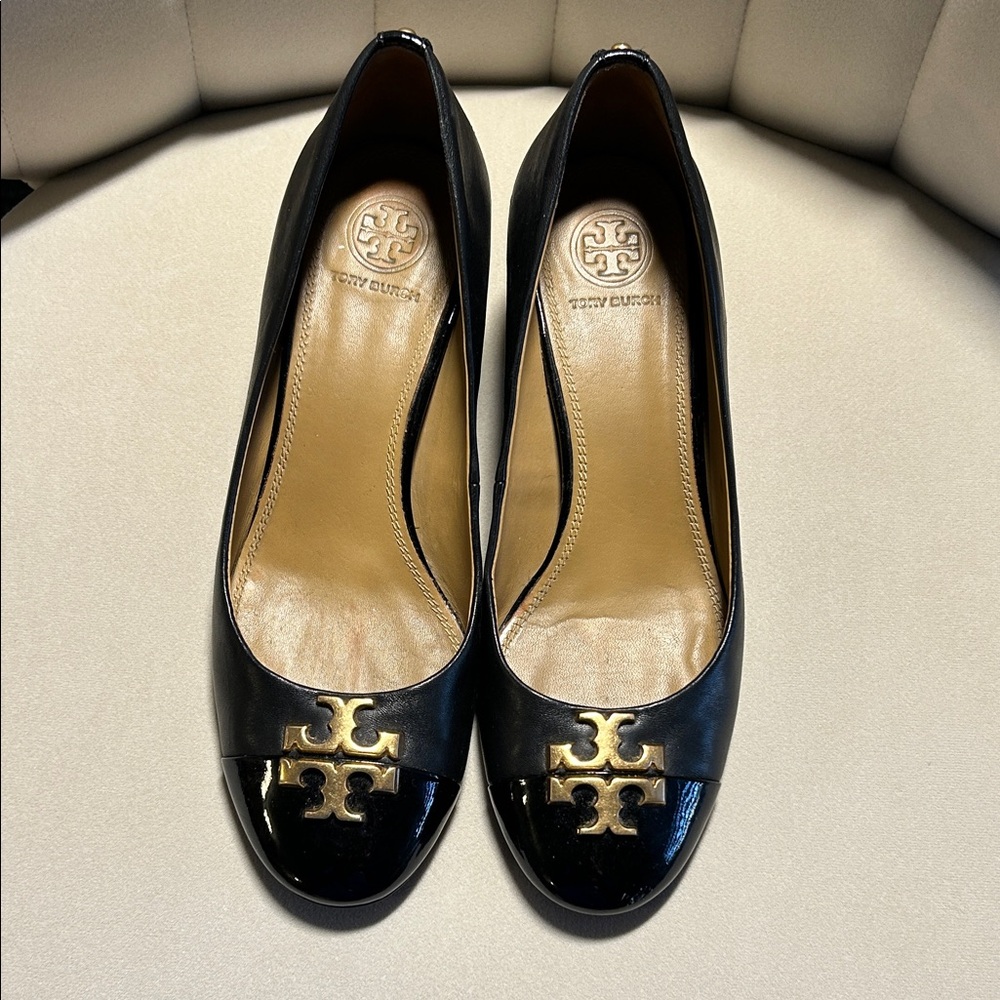 Tory Burch Black Block Heels with Gold Logo Size 6.5